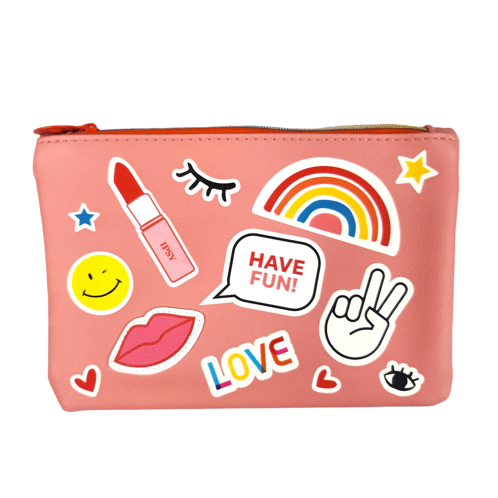 Ipsy Bag Pink Sticker Peace Love Lipstick Pop Culture Cute Small Cosmetic Clutch